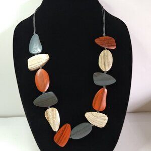 Multicolor Wood Bead Statement Necklace Blue White Orange Cottagecore Hippie